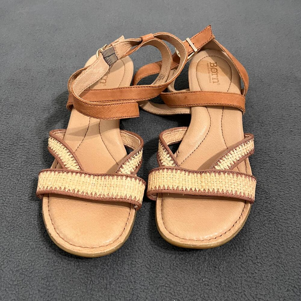 Born Sandals Womens Size 10M Tan Beige Leather Strappy Wedge Boho Minimalist EUC